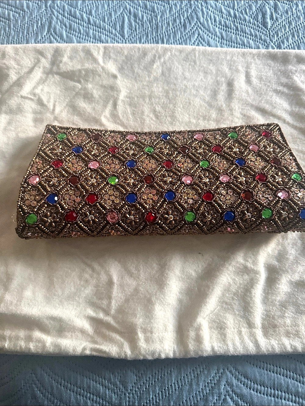 Beaded Geometric Clutch in Brown & Multicolor